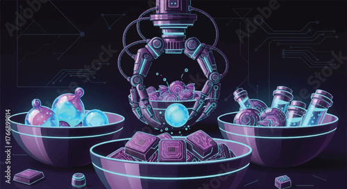 Digital illustration of a futuristic robotic device surrounded by bowls of glowing blue and pink cubes on a dark background with neon lines.