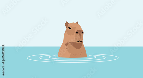 A calm capybara enjoys a peaceful dip in the water, creating gentle ripples in this minimalistic and serene illustration.