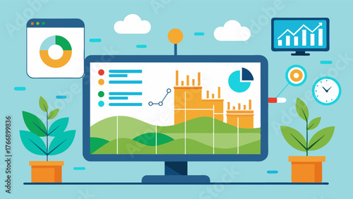 A data management dashboard displays realtime updates on crop growth and soil moisture levels assisting farmers in making more efficient irrigation decisions.. Vector illustration