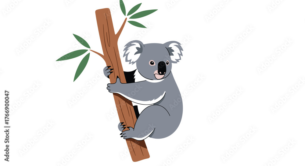 Naklejka premium Cute cartoon koala climbing a tree branch with green leaves, isolated on white backdrop, perfect for nature or animal illustrations and designs.