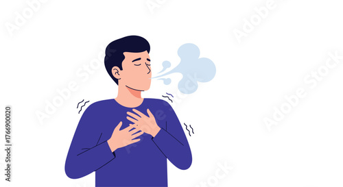 An illustration of a person holding their chest and exhaling air, potentially indicating a medical condition like asthma or anxiety.