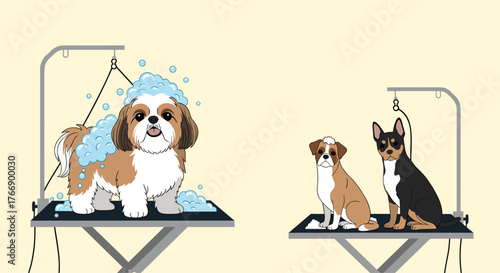Two dog grooming stations with dogs being bathed and waiting.