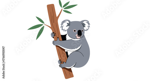 Cute cartoon koala climbing a tree branch with green leaves, isolated on white backdrop, perfect for nature or animal illustrations and designs.