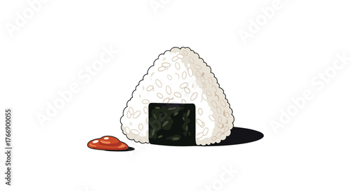 A cute cartoon illustration of a white triangular onigiri rice ball wrapped with a strip of dark seaweed, accompanied by a small dollop of red sauce.