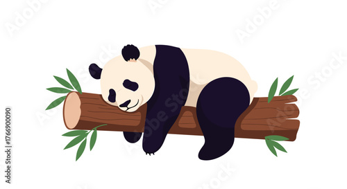 Charming cartoon illustration of a tired giant panda comfortably napping on a sturdy tree branch with fresh green leaves.