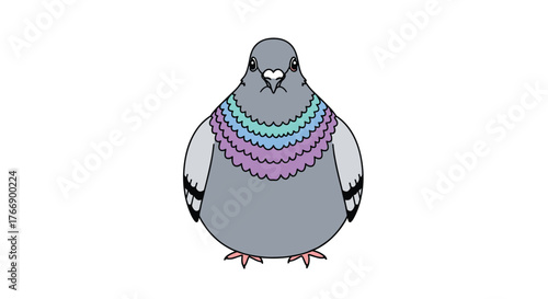 A cartoon pigeon with colorful iridescent neck feathers standing front-facing on a white background, depicted in a simple, cute style.