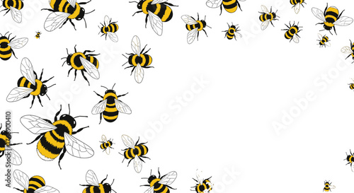 A lively swarm of black and yellow striped bees creates a dynamic, cheerful pattern on a clean white background, symbolizing active pollinators.