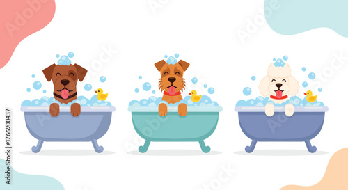 Three adorable dogs enjoying a bubbly bath in colorful tubs with rubber ducks, creating a playful and joyful cartoon illustration.