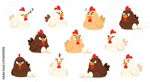 Various cartoon chickens displaying a range of emotions from angry to sleeping, some with eggs, in a fun and illustrative style.