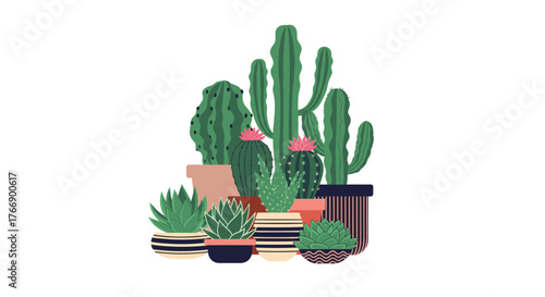 A collection of vibrant cacti and succulents in various pots, ideal for home decor and design projects.