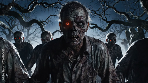 Terrifying zombie with glowing eyes walks through cemetery under moonlight. Zombie fear, post-apocalyptic horror and survival in world overrun by undead. Halloween, thriller and horror movie concept