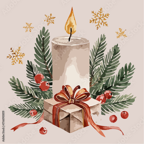 Festive Christmas Candle and Gift Illustration, Celebrating the Holiday Season with Winter Elements and Warmth