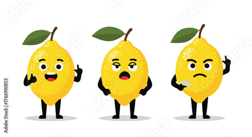 Three cartoon lemon characters depicting a range of emotions, from happy and bored to angry, on a white background.
