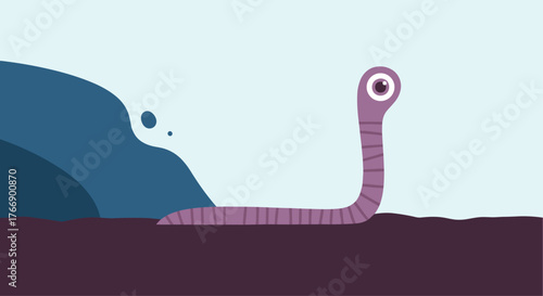 Cartoon worm with a large eye peeking above ground, near an abstract blue shape and dirt, on a light blue background, simple flat style.