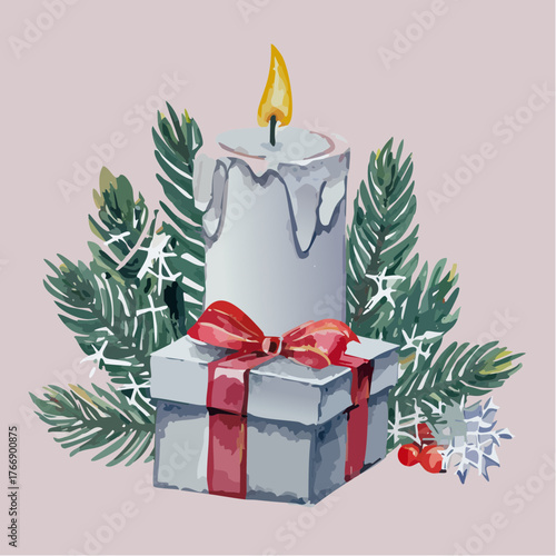 Cozy Christmas Eve scene featuring a lit candle atop a gift box, adorned with festive pine branches and snowflakes