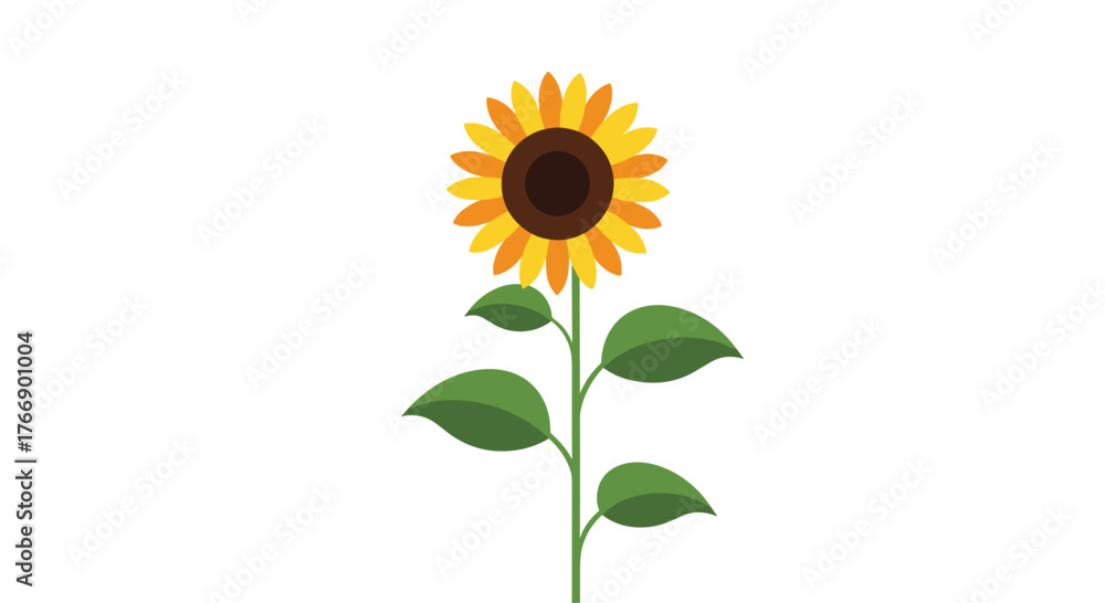 Obraz premium A cheerful illustration of a sunflower with yellow and orange petals, a brown center, and green leaves, standing tall on a clean white background.