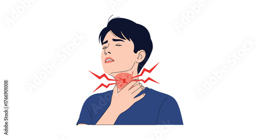 Illustration of a person experiencing throat pain, showing discomfort and holding their neck.
