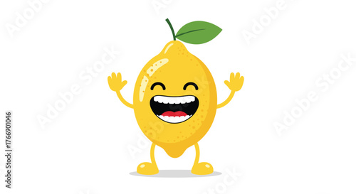 Happy and joyful cartoon lemon character celebrating with wide-open mouth, showing teeth and tongue, and arms raised in excitement.