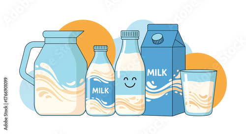 Collection of milk containers, including a jug, bottles, carton, and glass, against colorful circles.