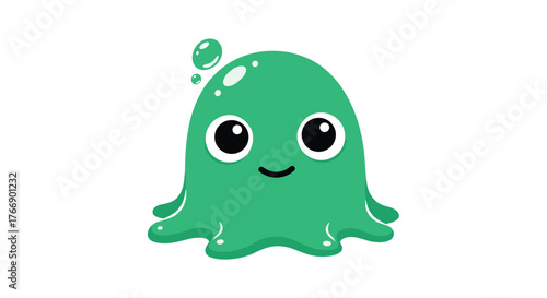 Cheerful green cartoon character, a friendly blob-like creature with large eyes and a gentle smile, accompanied by floating bubbles.