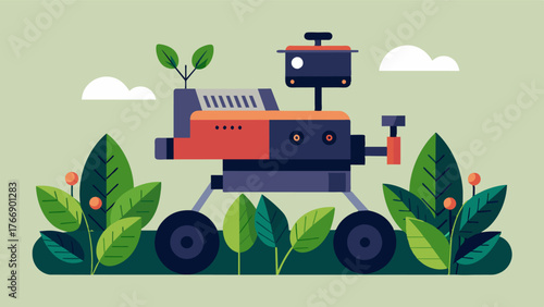 A multipurpose robotic herb harvester equipped with a camera and software to identify and remove invasive plant species preserving the health of the field.. Vector illustration