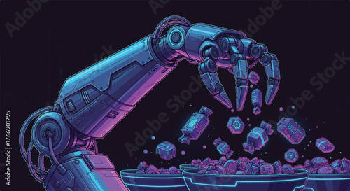 Close-up of robotic arm dropping colorful cubes into a pile with a neon-lit, futuristic design against a dark background.