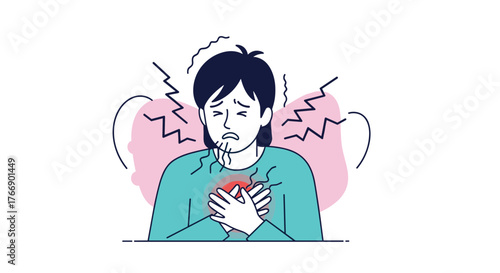 Person clutching their chest in pain with radiating lines indicating discomfort and shortness of breath.