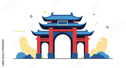 Stylized illustration of a traditional East Asian gate or archway, featuring a red and blue design against a white background with decorative elements.