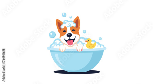 An adorable and happy cartoon dog, complete with suds on its head and a rubber duck, enjoys a playful bath in a blue tub.