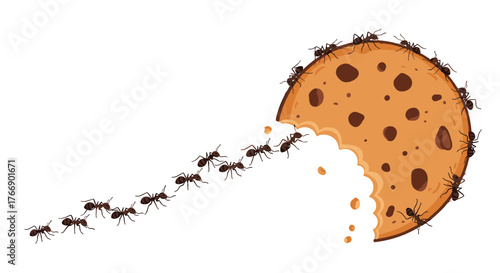 A line of ants marches towards a bitten cookie, ready to consume it.