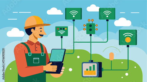A farmer remotely controlling a fleet of smart fertilizer dispensers through a centralized control panel streamlining and simplifying the fertilization process.. Vector illustration