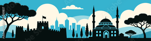 Vector cityscape of Skopje with fortress and buildings in blue