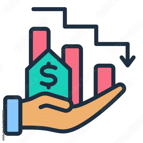 Financial downturn visualized with hand holding declining profit graph and dollar symbol, representing economic recession or loss.