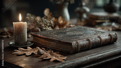 Dark Academia aesthetic — antique book and candle on mahogany desk, moody photorealistic scene