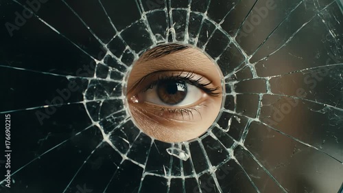 Eye visible through shattered glass concept visual metaphor