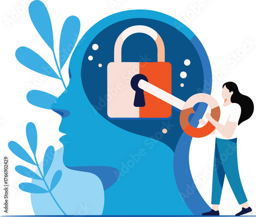 Psychological concept illustration of a person unlocking a padlock in a human head representing mental freedom.