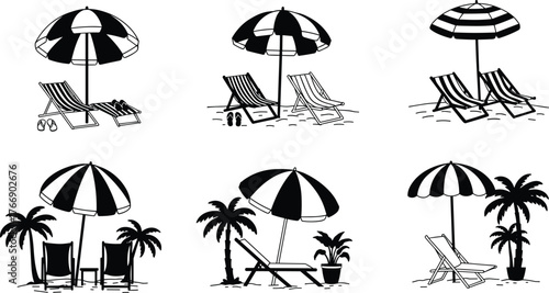 Beach Umbrella and Lounge Chair Silhouettes in Tropical Settings with Palm Trees, Flip-Flops, Relaxation Scenes, Summer Vacation Vector Collection