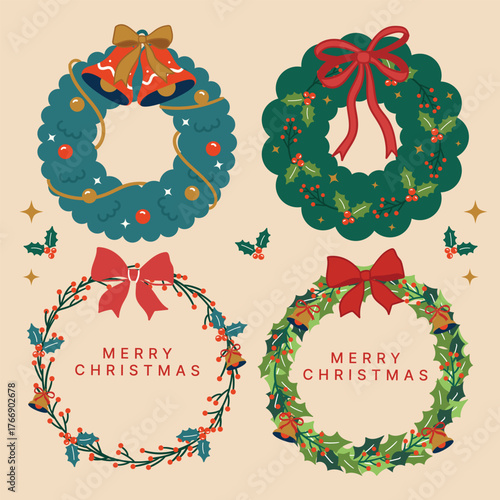 Hand-Drawn Christmas Wreath Illustration Set — Festive Holiday Decor with Ribbons, Bells, Holly, and Merry Christmas Text