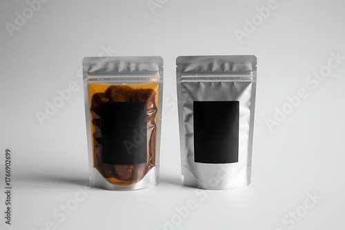 Two clear and metallic resealable plastic pouches with dark contents and blank labels