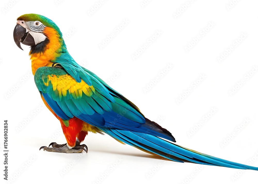 Fototapeta premium Vibrant blue and yellow macaw parrot with green head and red chest perched on a white background blue parrot