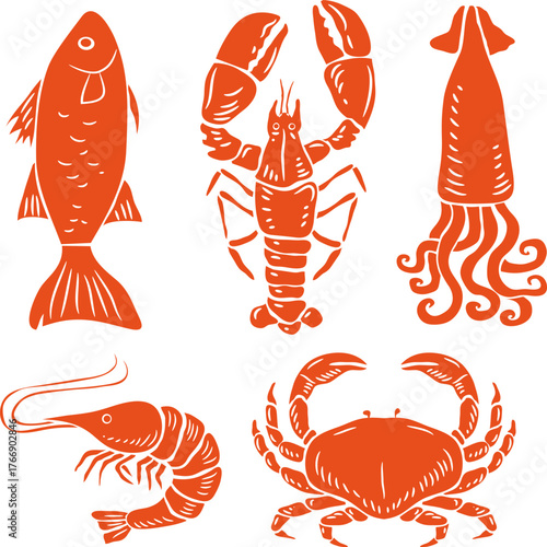 Seafood vector illustration. Fresh fish, lobster, squid, shrimp, crab.