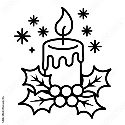 Candle with holly leaves and snowflakes for winter decorations  