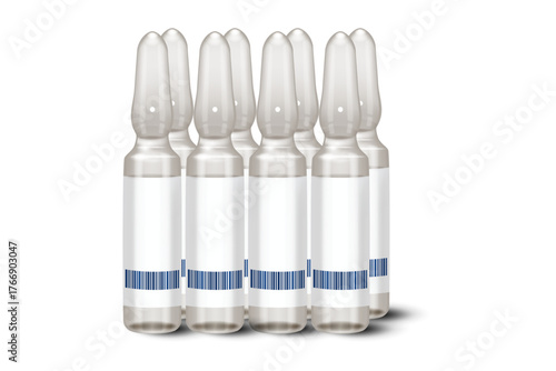 Medical ampoules with labels lined up in a row. Vector illustration on the theme of pharmaceuticals and health care.