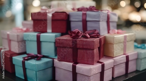A neat stack of vibrant wrapped gift boxes tied with ribbons and bows ready for gifting