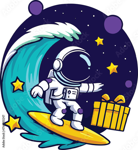 Cartoon Astronaut Surfing a Wave with a Gift
