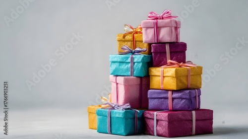 A tall vibrant stack of assorted colorful gift boxes each neatly wrapped with ribbon and bow presented against a clean light studio background