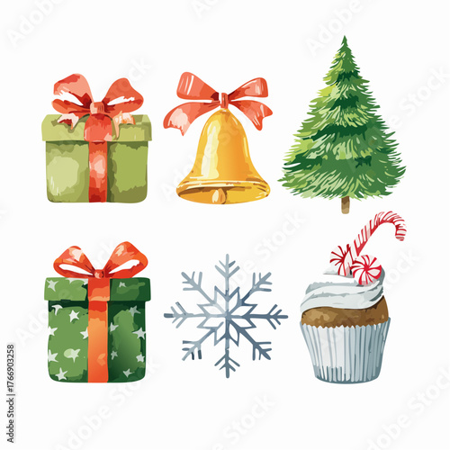 A charming collection of hand-painted watercolor Christmas icons, including gift boxes, a festive tree, and a sweet holiday cupcake