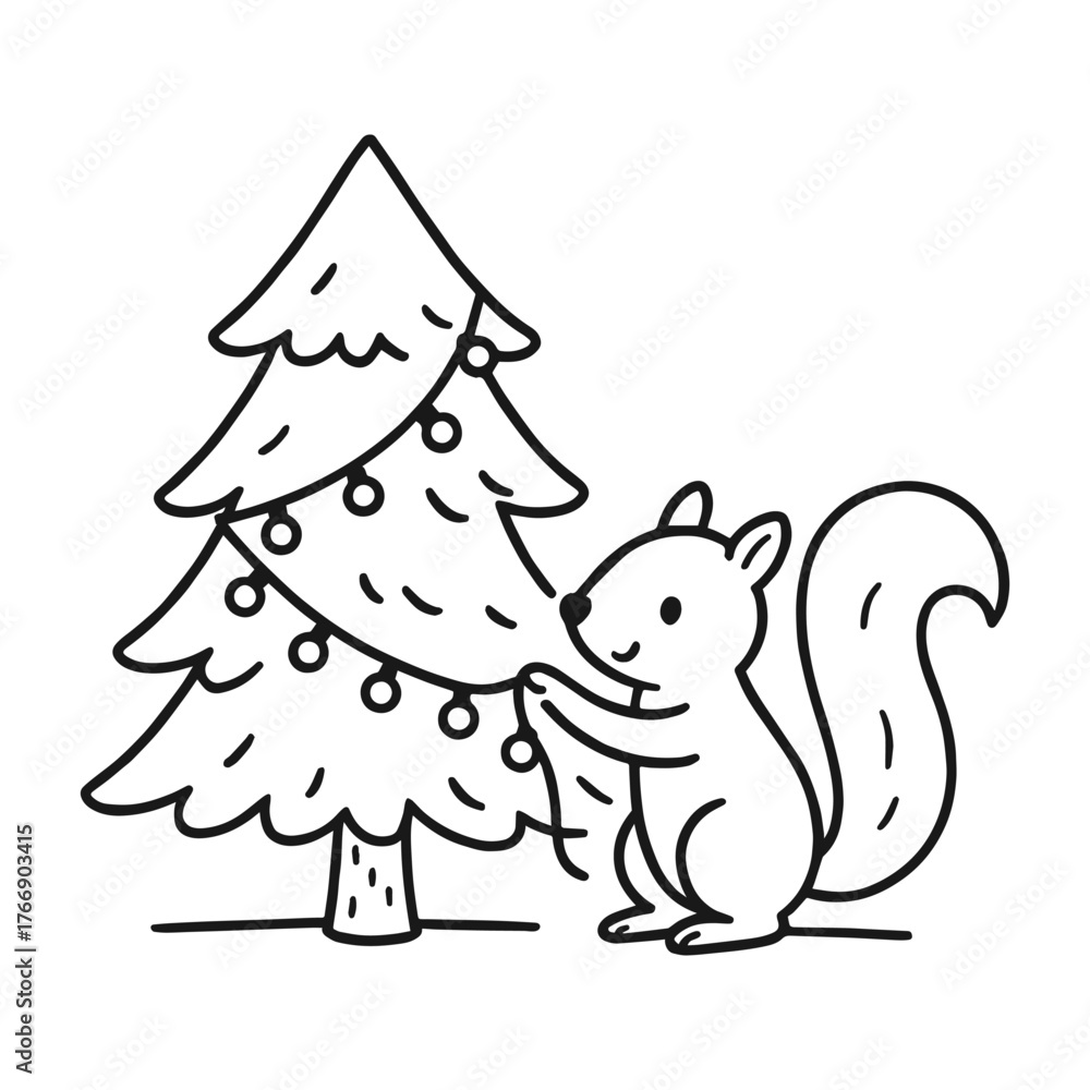 Obraz premium Cute squirrel decorating a Christmas tree with colorful ornaments in a whimsical style, showcasing holiday spirit and festive cheer in a playful illustration