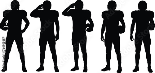 American Football Player Silhouettes in Helmet and Pads, Standing Poses with Ball and Salute Gesture, Vector Sports Illustration for Design Use