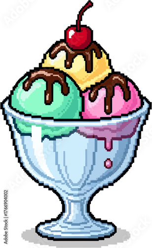 A pixelated illustration of a colorful ice cream sundae in a glass bowl.